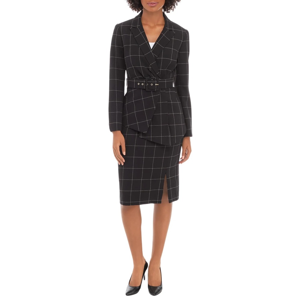 Tahari ASL Women's Windowpane-Print Skirt Suit Set Black Plaid Size 10